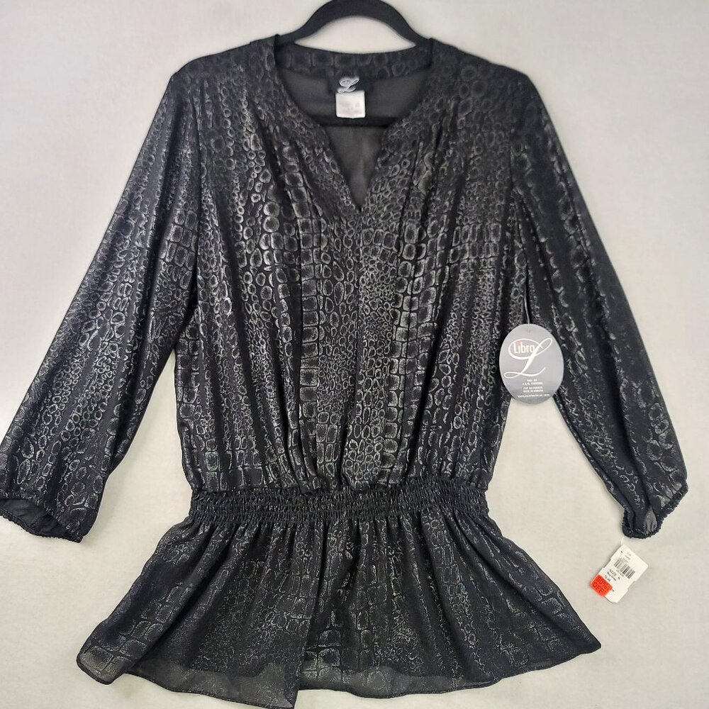Vintage Libra Snake Print Peplum Top S Black Shiny Whimsygoth Retro Glam Artsy